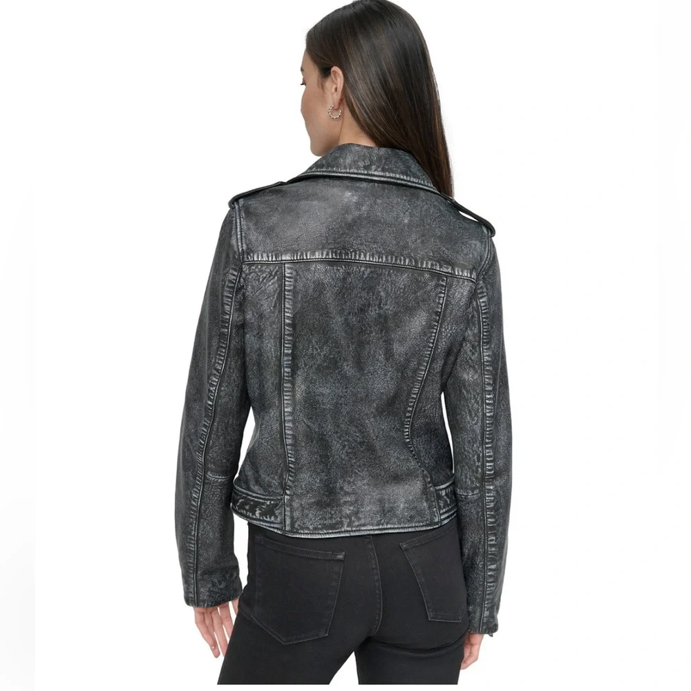 DKNY Jeans Charcoal Leather Moto Jacket - Picture 2 of 16